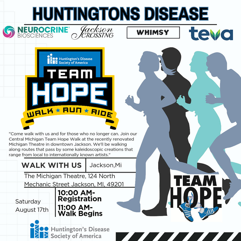 Central Michigan Team Hope Walk and Run poster supporting Huntington's disease awareness, with walker silhouettes and sponsor logos; August 17 at the Michigan Theatre in Jackson.